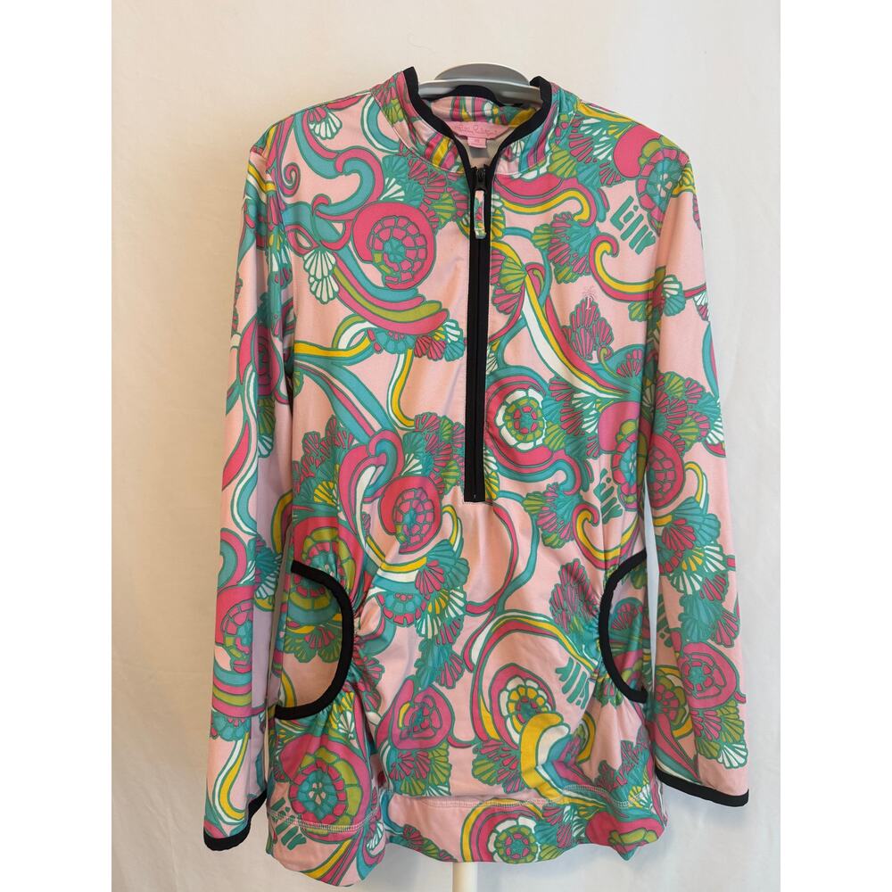 Lilly Pulitzer Skipper Popover XS Pink Green Coastal Print Quarter Zip